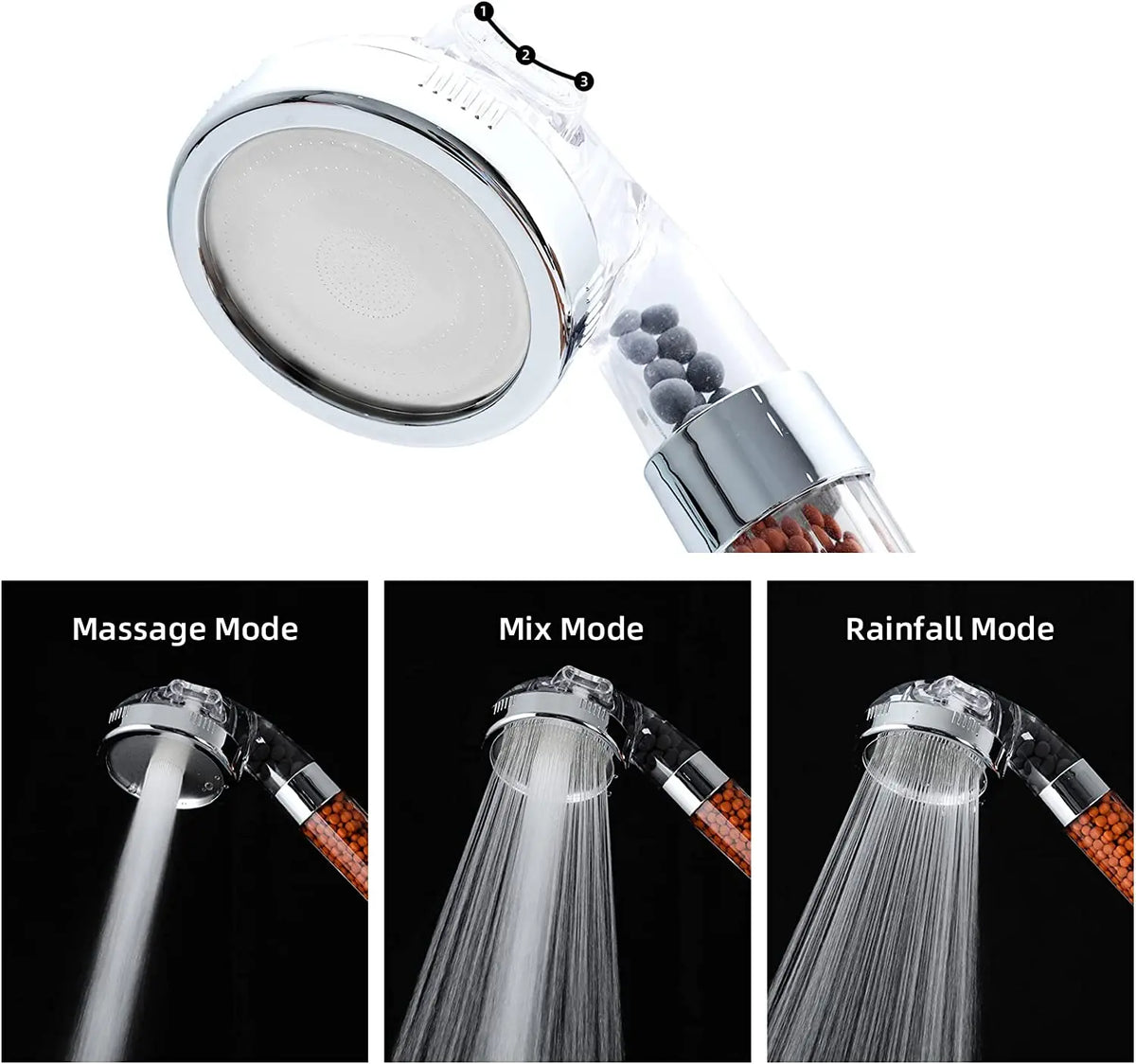High Pressure Filtered Shower Head with Mineral Stones | Three Spray Modes, Water-Saving Nozzles | One Size, Transparent or Blue