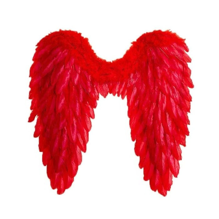 Red feathered costume wings worn across the shoulders