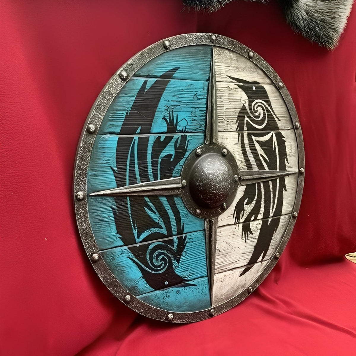 Wooden Viking shield mounted as study wall decor