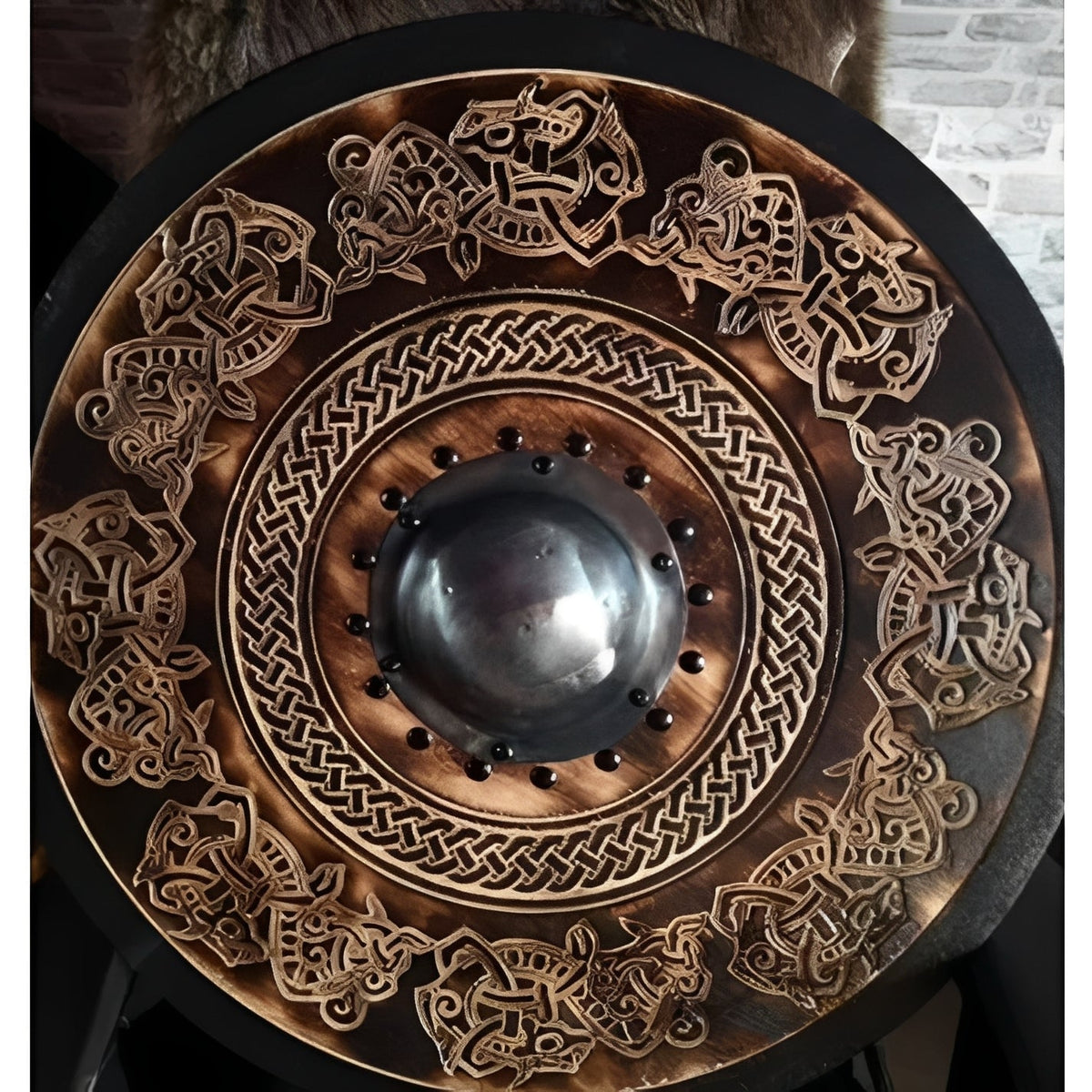 Handcrafted wooden Viking buckler shield with twin raven design