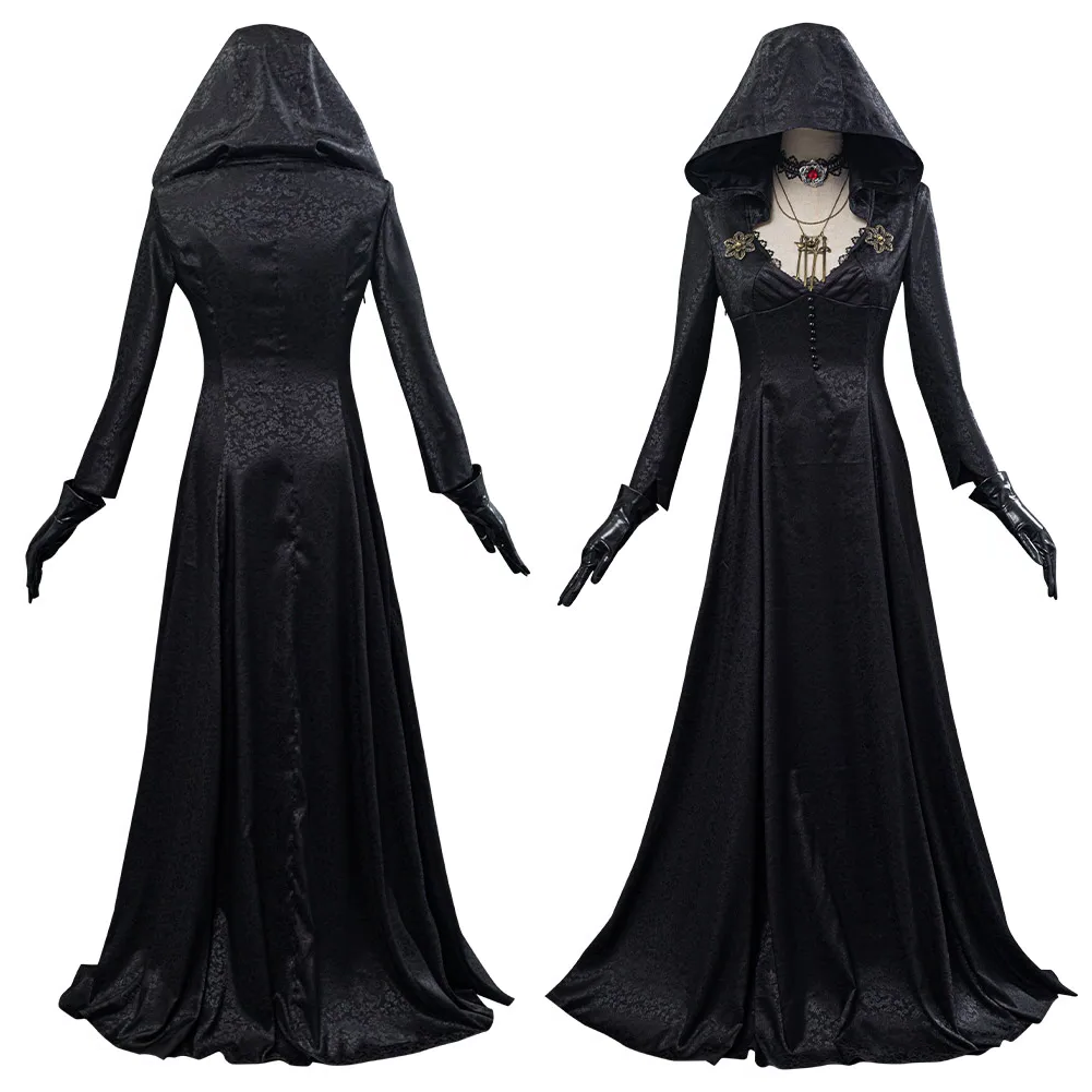 Gothic vampire lady costume with jacquard coat and dress worn in full