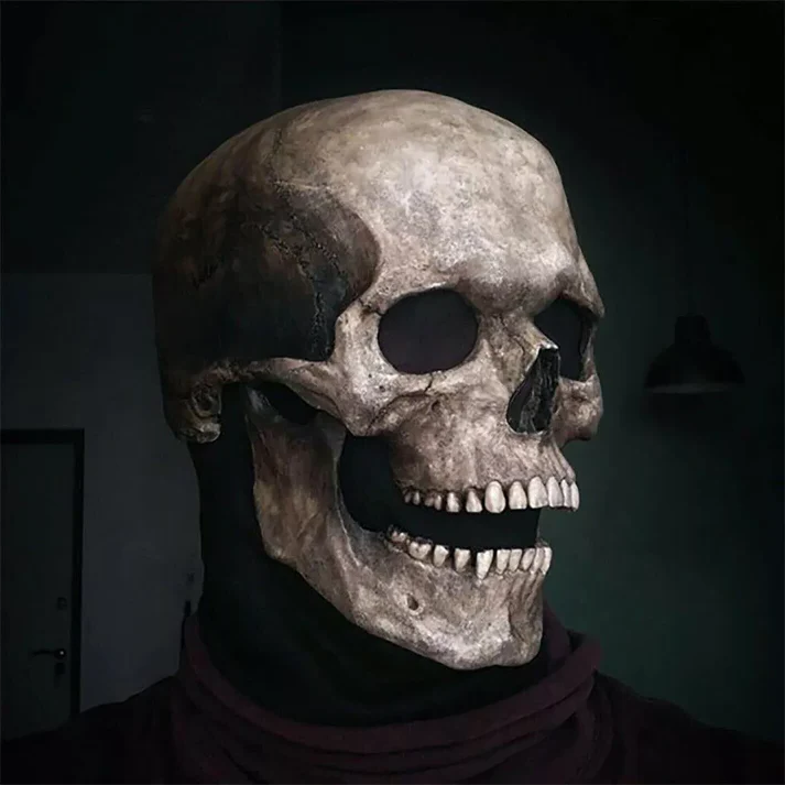 Skull mask side view showing the articulated jaw