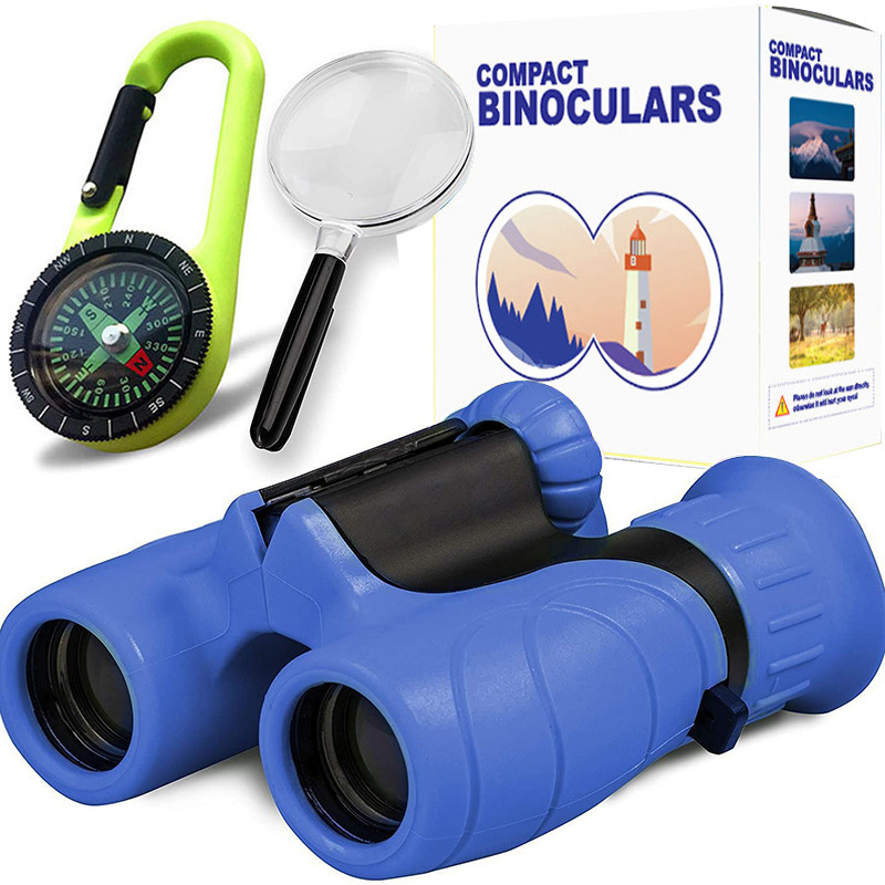 Kids Binoculars 8x21 with Compass and Magnifying Glass | Shockproof Rubber Grip, Central Focus Wheel | 3 Colors