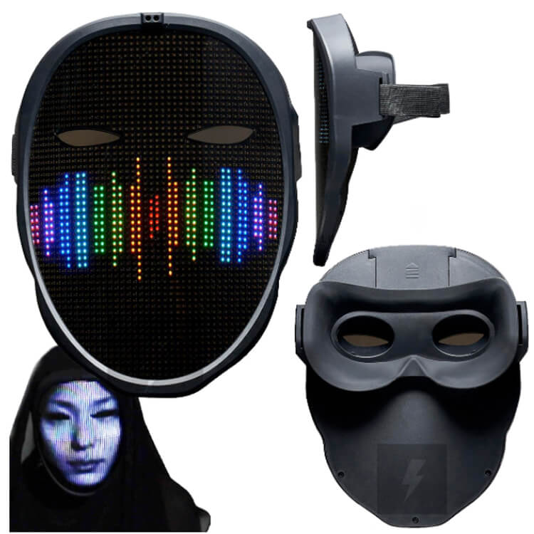 Front view of the LED costume mask on a wearer