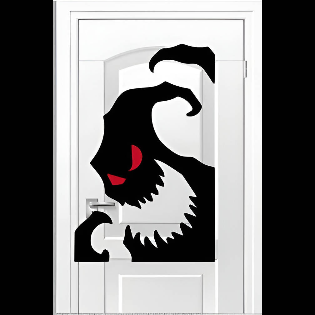 Ghost window cling applied to a lit house window at night
