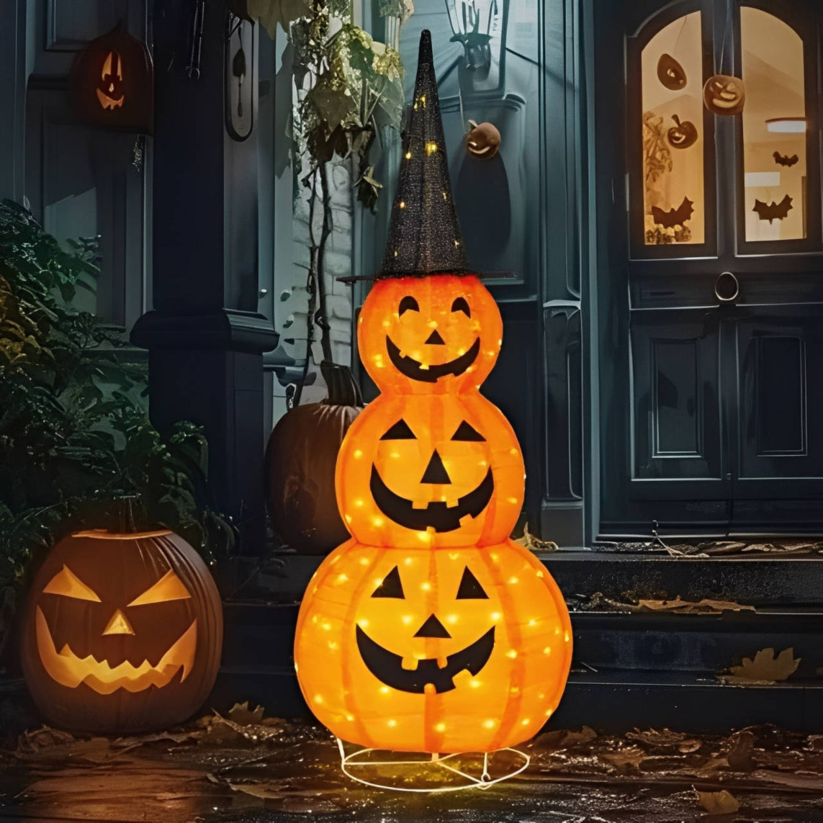 Glowing jack-o-lantern decoration on a front porch at night