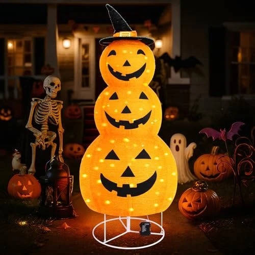 Light-up Halloween pumpkin yard decoration with a black hat