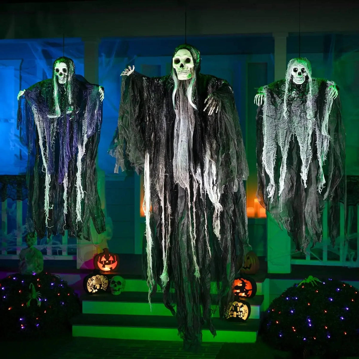 Set of three hanging grim reaper Halloween decorations in flowing dark robes