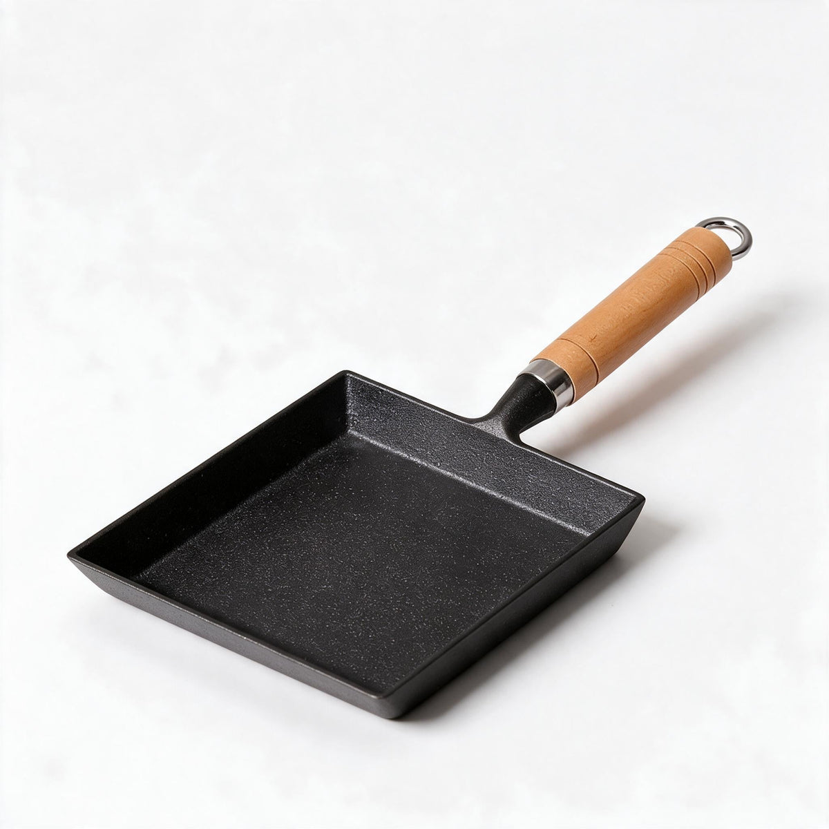 Japanese Cast Iron Frying Pan for Tamagoyaki | Square Base with a Wooden Handle | Natural Surface, No Chemical Coating
