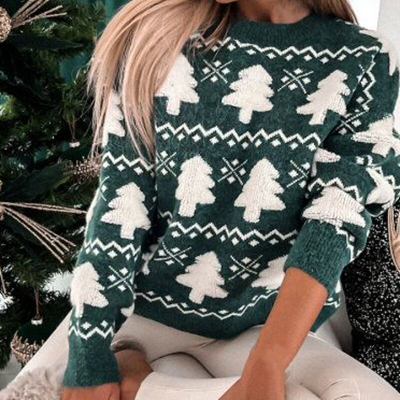 Christmas Sweater Women with Tree Motif in Red or Green | Soft Cosy Knitwear for Festive Parties | Sizes S to XL