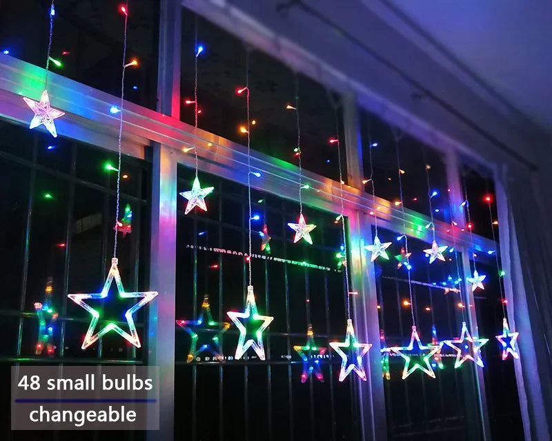 LED Star Curtain Christmas String Lights for Windows and Trees | Connectable Sets with Multiple Modes | Seven Color Choices