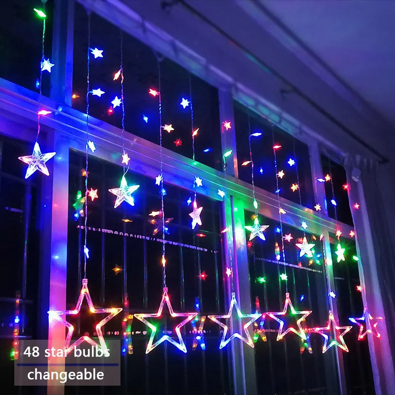 LED Star Curtain Christmas String Lights for Windows and Trees | Connectable Sets with Multiple Modes | Seven Color Choices