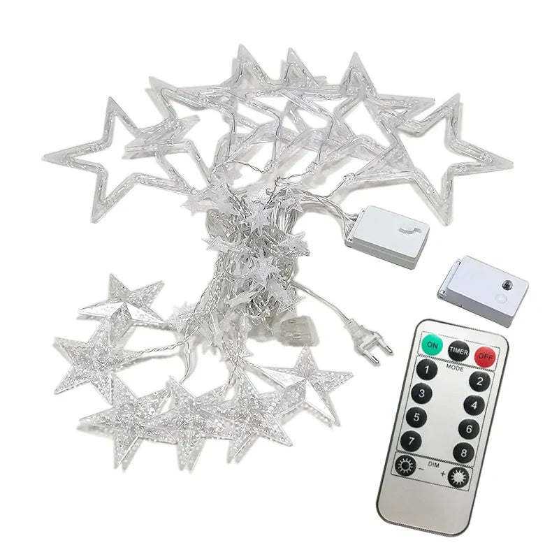 LED Star Curtain Christmas String Lights for Windows and Trees | Connectable Sets with Multiple Modes | Seven Color Choices