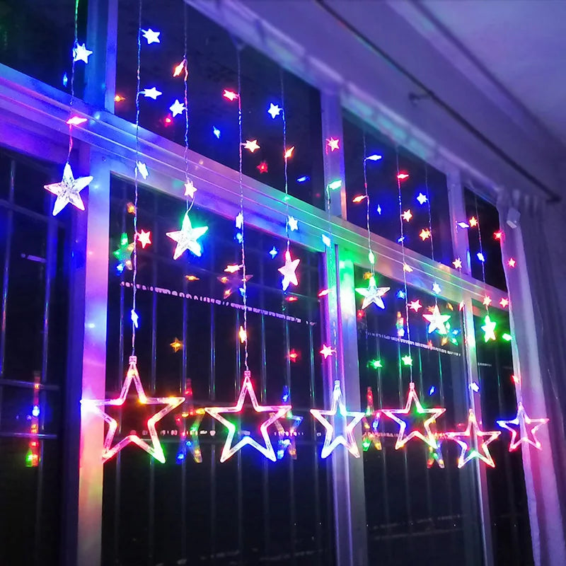LED Star Curtain Christmas String Lights for Windows and Trees | Connectable Sets with Multiple Modes | Seven Color Choices
