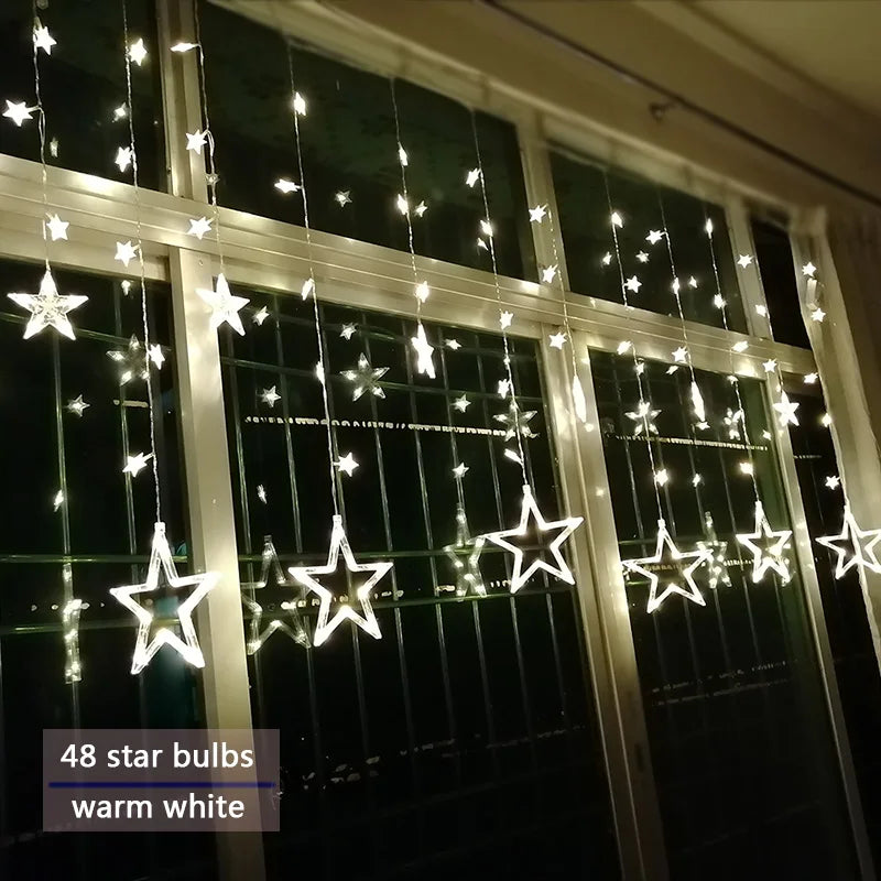 LED Star Curtain Christmas String Lights for Windows and Trees | Connectable Sets with Multiple Modes | Seven Color Choices