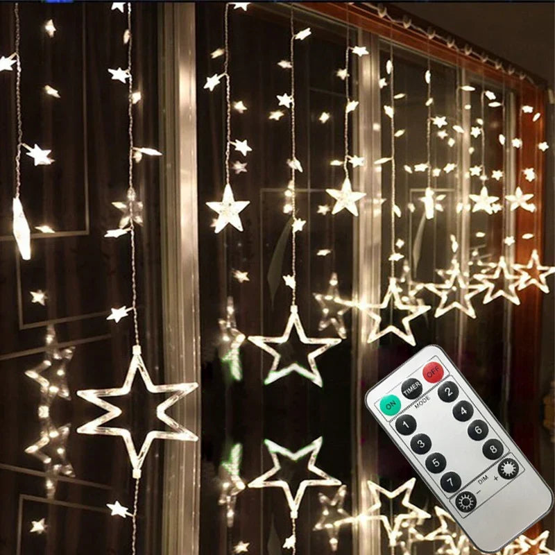 LED Star Curtain Christmas String Lights for Windows and Trees | Connectable Sets with Multiple Modes | Seven Color Choices