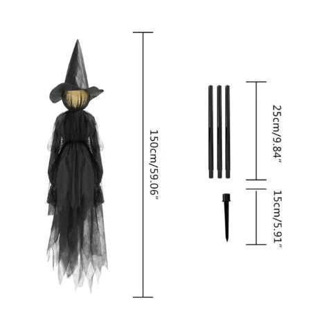 Close view of the witch stake head and fabric robe