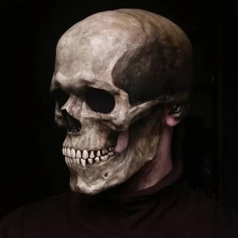 Close view of the skull mask teeth and articulating jaw mechanism