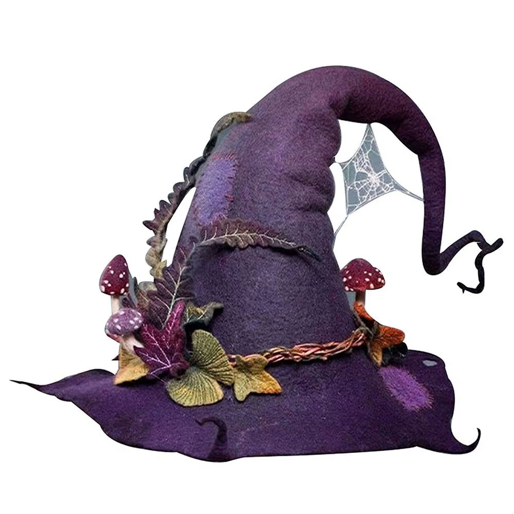 Handmade felted witch hat in purple merino wool with silk chiffon