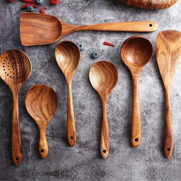 Wooden Kitchen Utensil Set with Spoons, Spatulas and Slotted Server | Heat Resistant Natural Wood | 4 or 7 Pieces