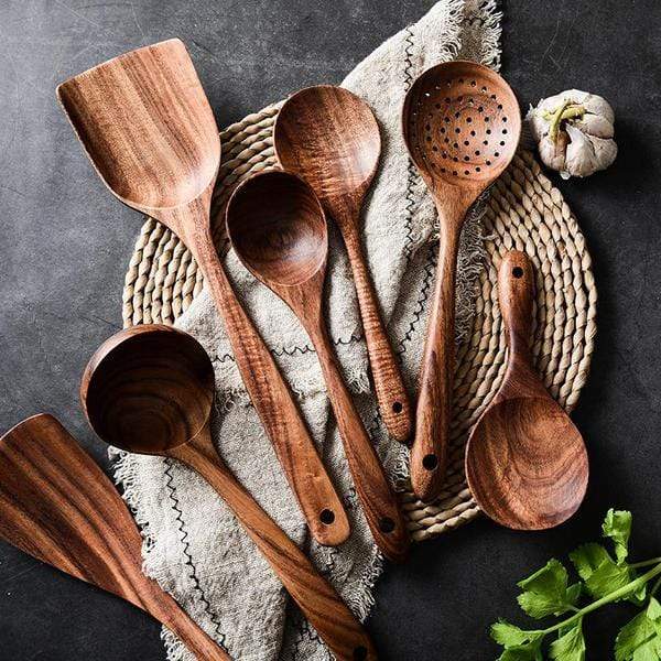 Wooden Kitchen Utensil Set with Spoons, Spatulas and Slotted Server | Heat Resistant Natural Wood | 4 or 7 Pieces