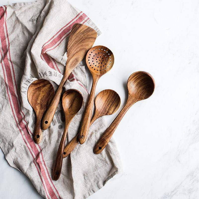 Wooden Kitchen Utensil Set with Spoons, Spatulas and Slotted Server | Heat Resistant Natural Wood | 4 or 7 Pieces
