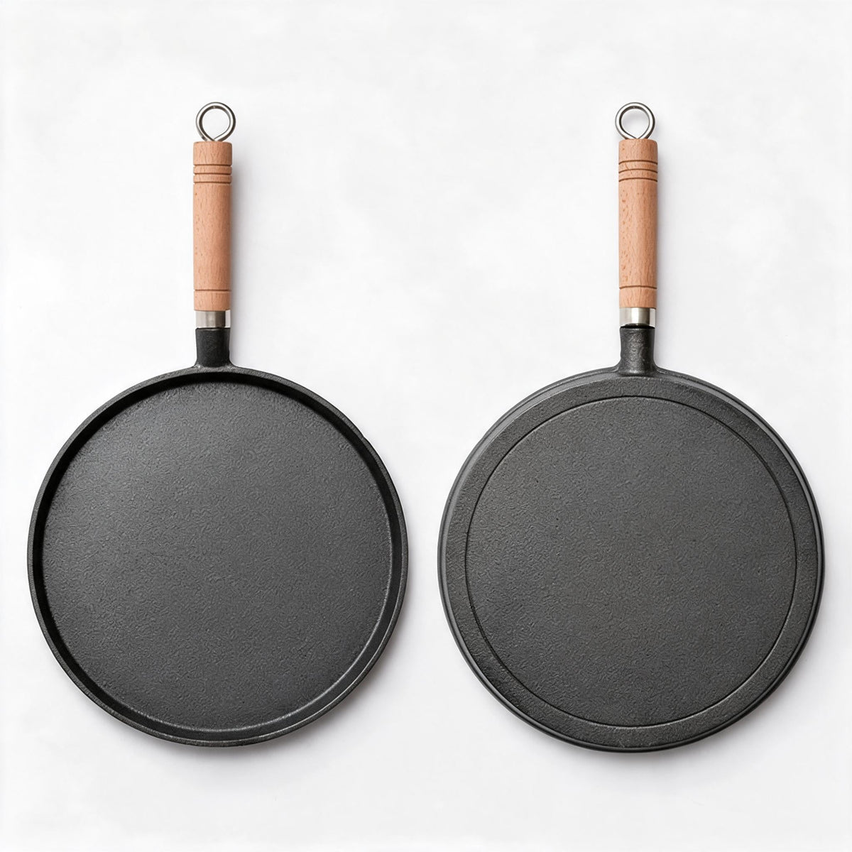 Cast Iron Skillet with a Wooden Handle | Flat Pan for Crepes, Pancakes and Fried Eggs | 8 or 10 Inch Sizes