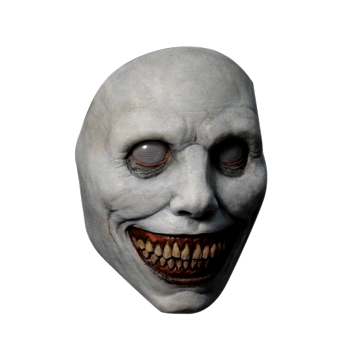 Side view of the white-eyed grinning horror mask