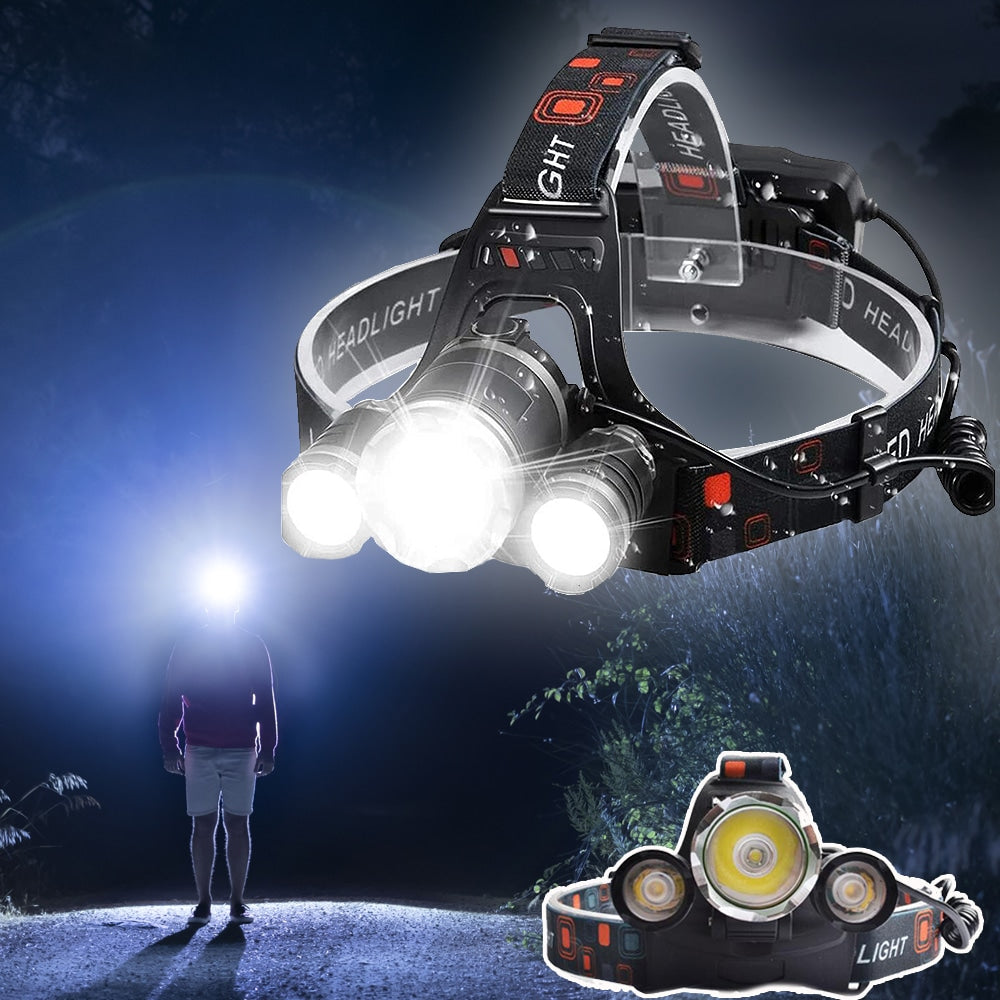 Rechargeable LED Flashlight Headlamp with 3 Light Sources | 5000 Lumens, 4 Modes, 18650 Batteries and USB Cable Included