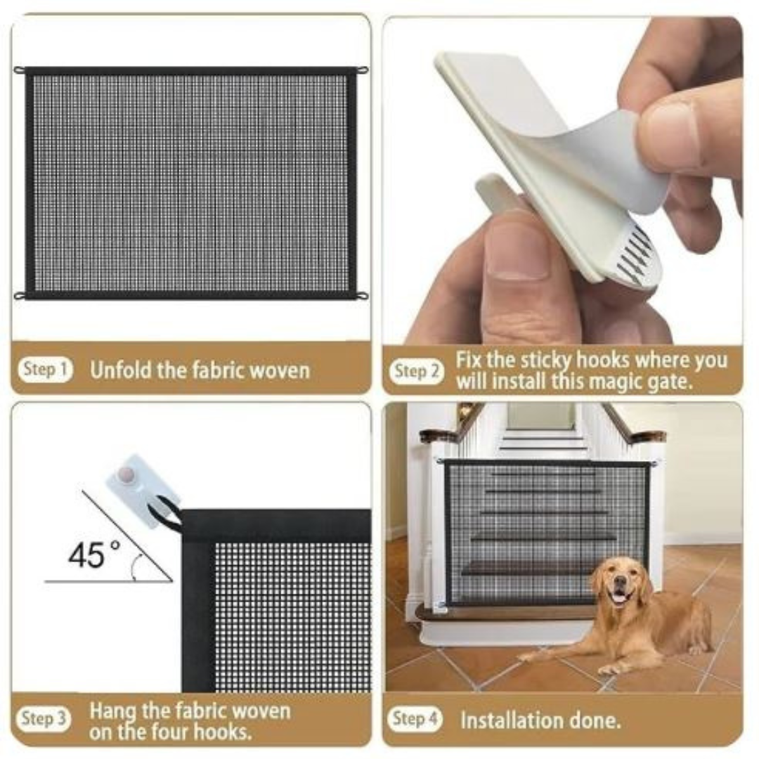 Portable Mesh Pet Gate for Doorways and Stairs | Hangs on Four Adhesive Hooks, No Tools Needed | Two Sizes for Dog or Cat