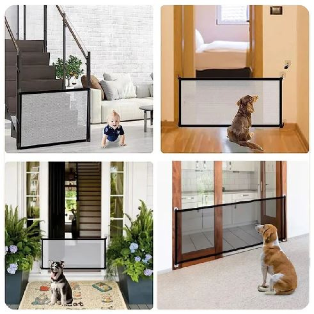 Portable Mesh Pet Gate for Doorways and Stairs | Hangs on Four Adhesive Hooks, No Tools Needed | Two Sizes for Dog or Cat