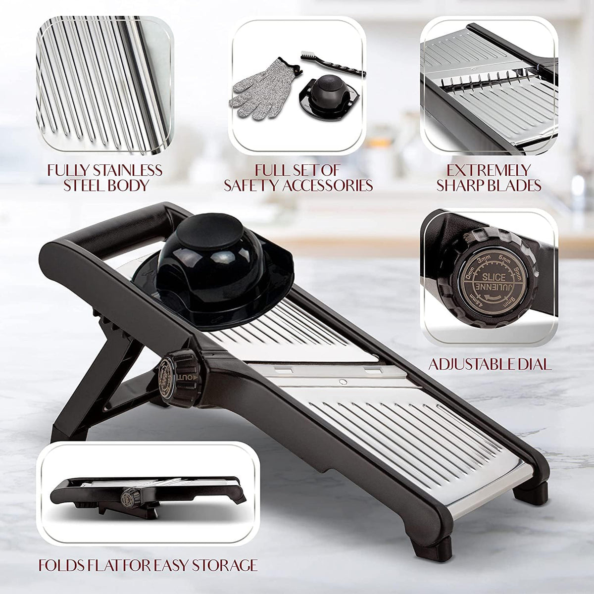 Adjustable Mandoline Slicer with Cut Resistant Gloves | Sharp Stainless Steel Blades | Kitchen Gadgets for Vegetables and Fruit