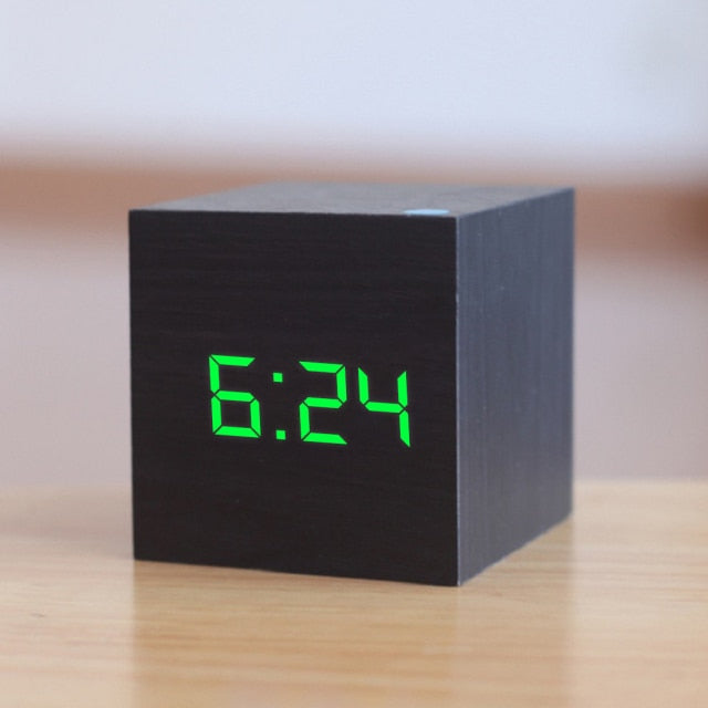 Wooden Cube Alarm Clock with Voice Control | Bright LED Digits and Energy Saving Display for Desk or Nightstand