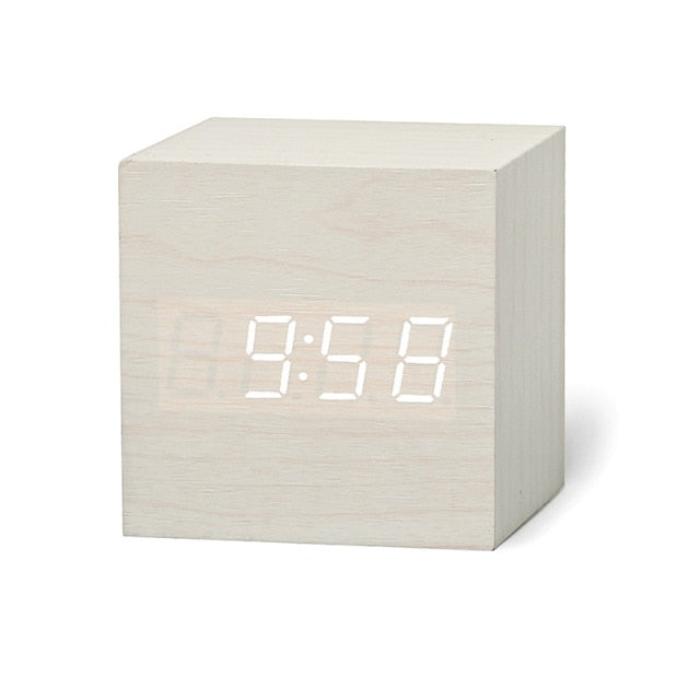 Wooden Cube Alarm Clock with Voice Control | Bright LED Digits and Energy Saving Display for Desk or Nightstand