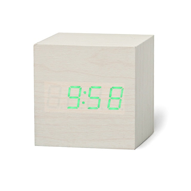 Wooden Cube Alarm Clock with Voice Control | Bright LED Digits and Energy Saving Display for Desk or Nightstand