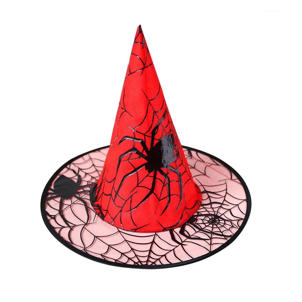 Red Halloween witch hat with spider web print