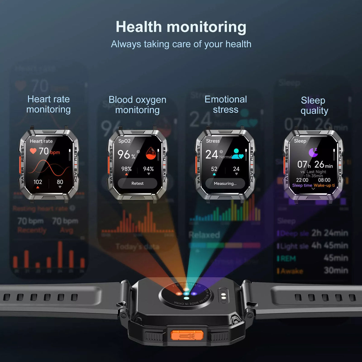 Rugged Smart Watch with 900 mAh Battery and Flashlight | Compass, SOS and Call Function | IP67 Water Resistant