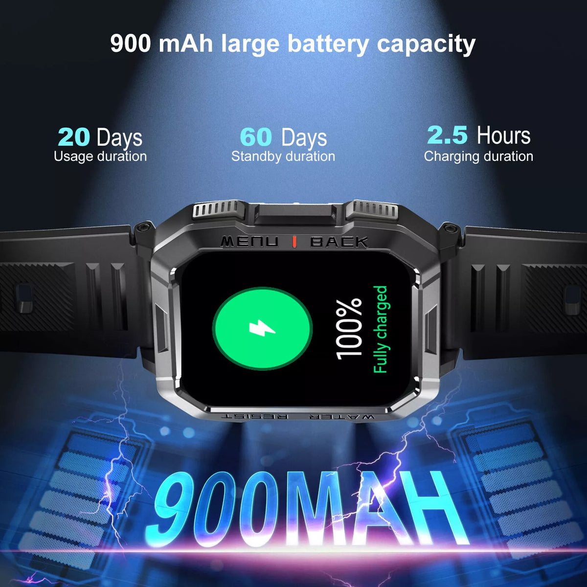Rugged Smart Watch with 900 mAh Battery and Flashlight | Compass, SOS and Call Function | IP67 Water Resistant