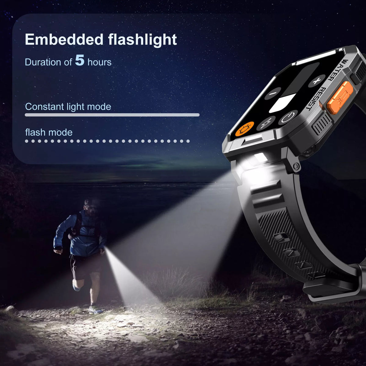 Rugged Smart Watch with 900 mAh Battery and Flashlight | Compass, SOS and Call Function | IP67 Water Resistant