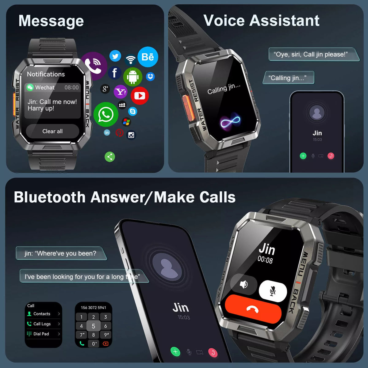 Rugged Smart Watch with 900 mAh Battery and Flashlight | Compass, SOS and Call Function | IP67 Water Resistant