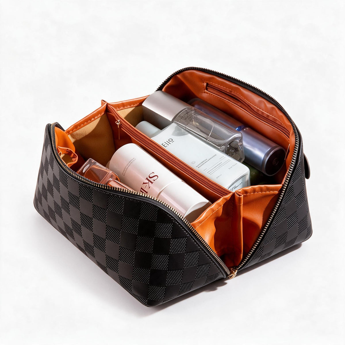 Checkered Travel Bags for Makeup with Carry Handle | Faux Leather Cosmetic Case with Several Compartments