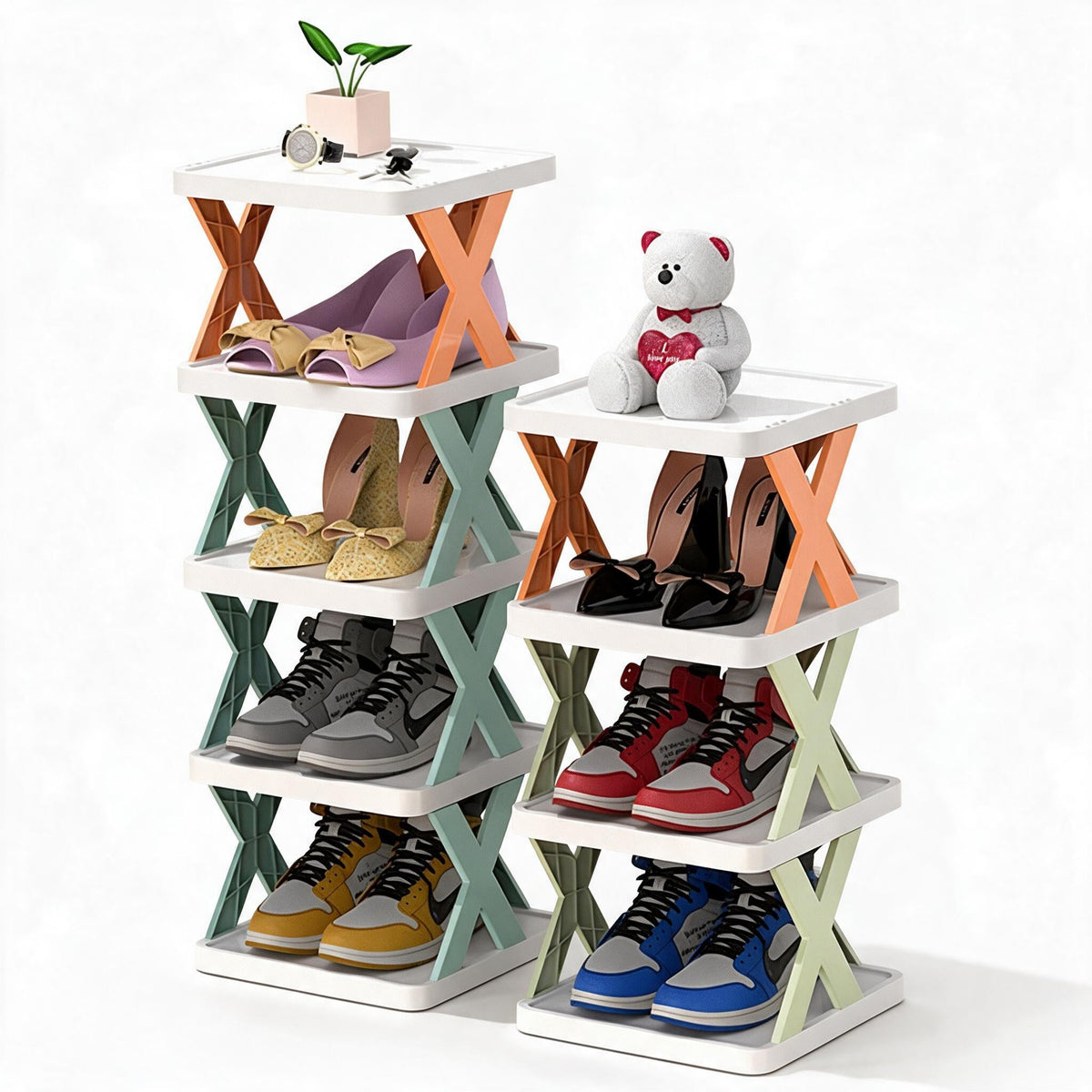 Shoe Rack with Three to Eight Vertical Tiers for Narrow Halls | Side Guards and a Top Shelf | Waterproof PP in Orange, Blue or Green
