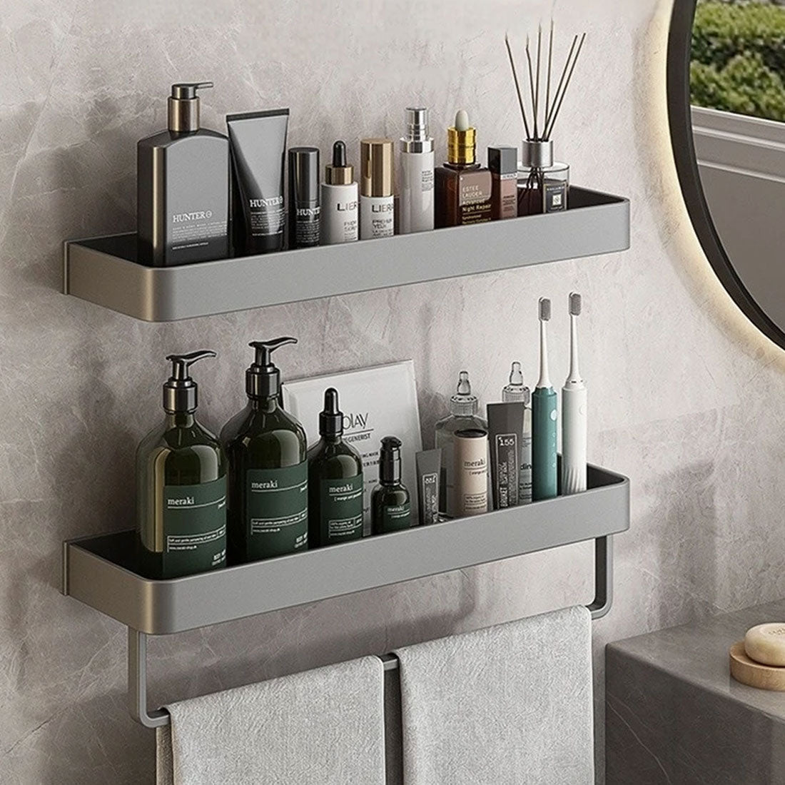 Adhesive Shelves for Bathroom Wall, No Drilling Needed | 30, 40 or 50 cm, Also With a Towel Bar | Screw Hooks and Plugs Included