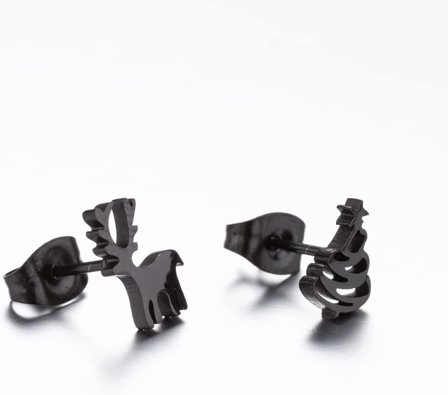 Christmas Earrings in 925 Silver with Tree and Reindeer Studs | Butterfly Backs and a 1 cm Face | 4 Finishes, 2 Sets
