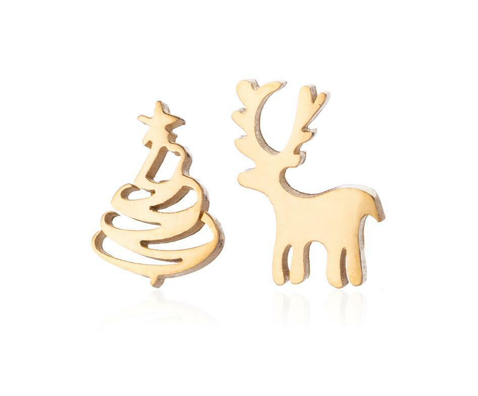 Christmas Earrings in 925 Silver with Tree and Reindeer Studs | Butterfly Backs and a 1 cm Face | 4 Finishes, 2 Sets