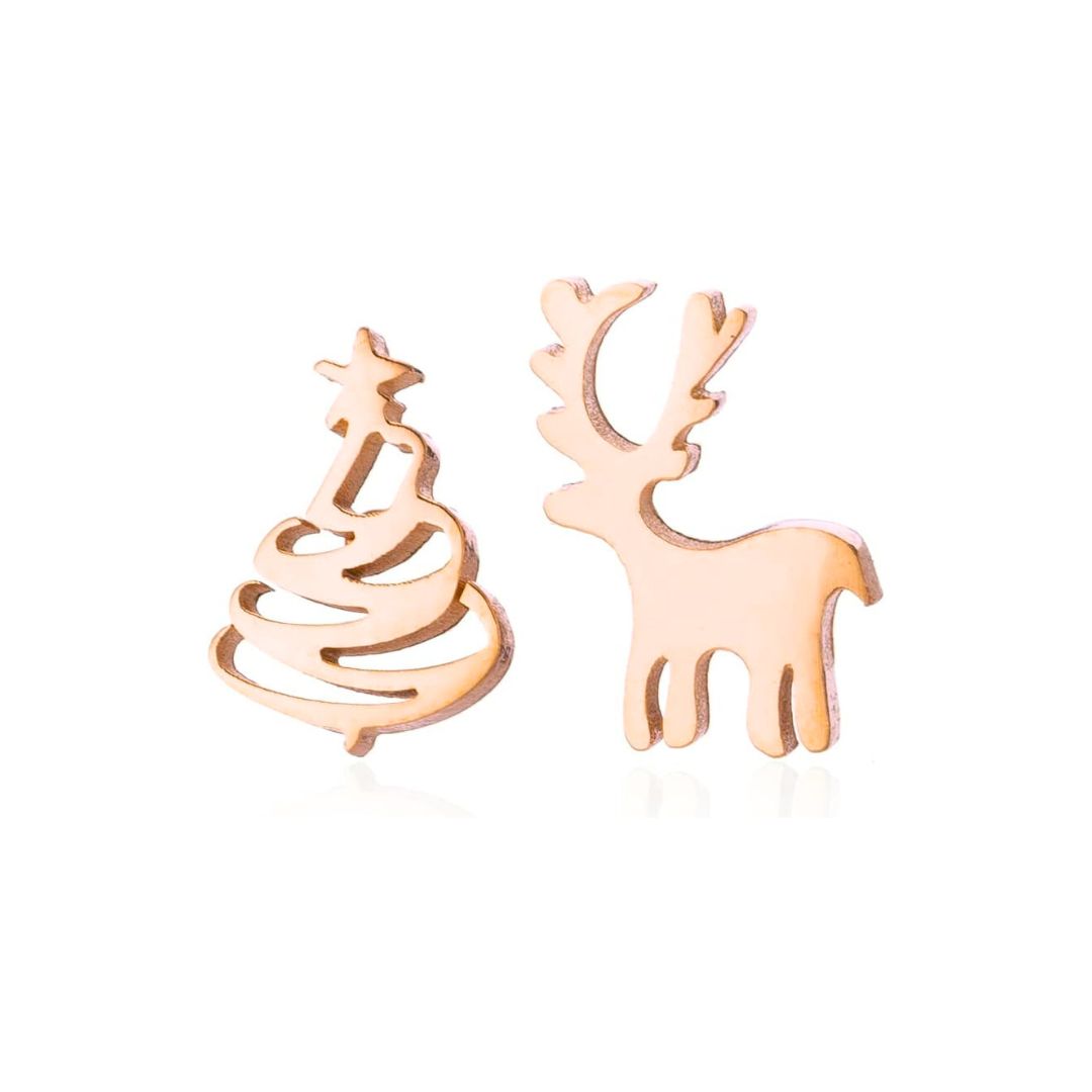 Christmas Earrings in 925 Silver with Tree and Reindeer Studs | Butterfly Backs and a 1 cm Face | 4 Finishes, 2 Sets