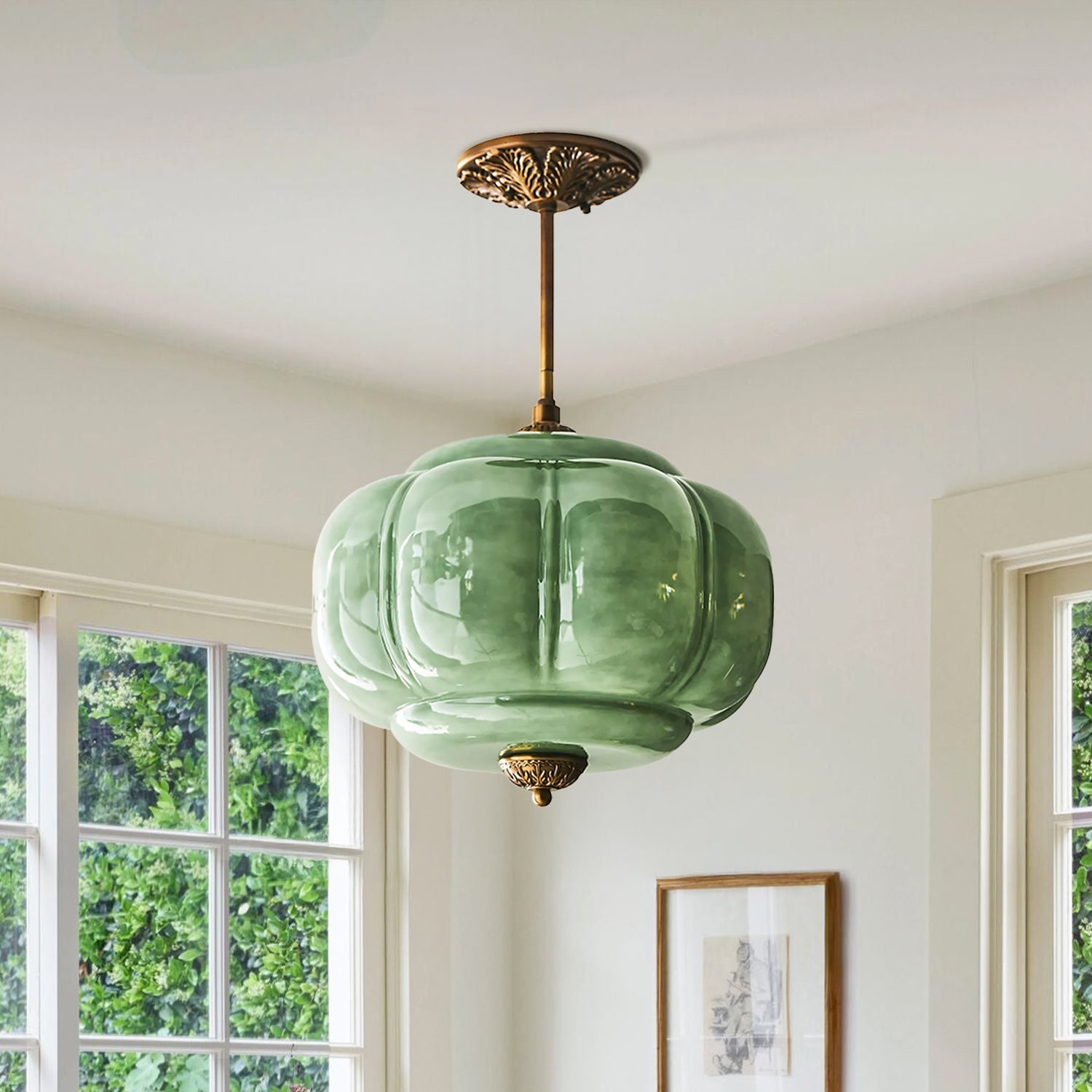 Pumpkin Glass Pendant Light Adjustable Brass