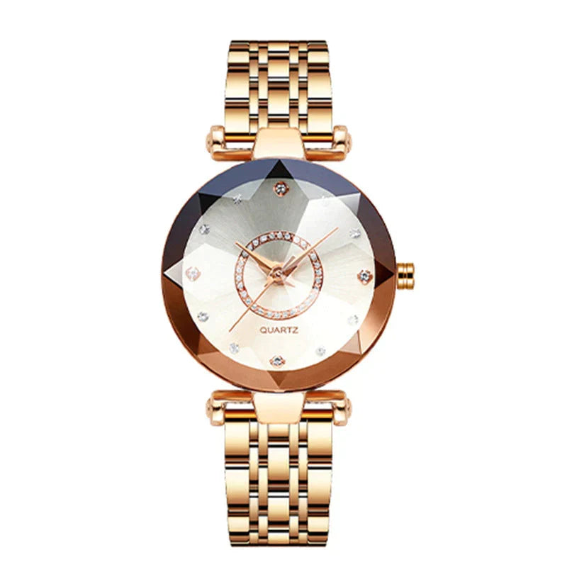 Quartz Wristwatch for Ladies with Starry Simulated Diamond Dial | Stainless Steel Case and Bracelet | 4 Colors
