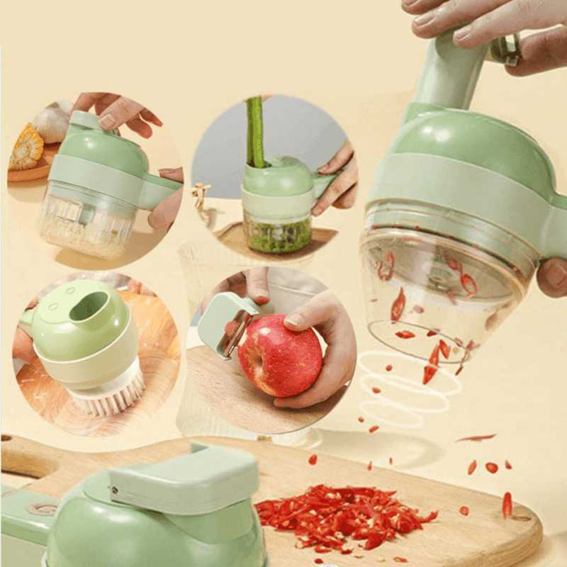 Cordless 4-in-1 Kitchen Gadgets That Slice, Chop, Peel and Puree | Closed Housing with Feeding Stick | Self-Cleaning