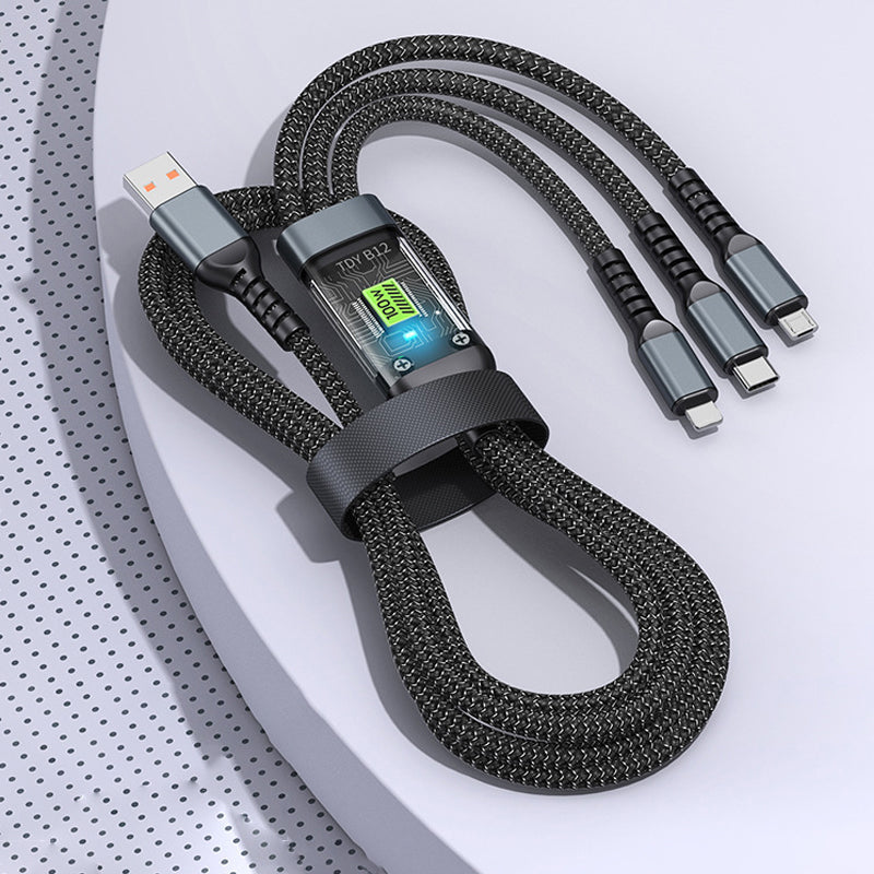 100W USB C Charging Cable with 3 Connector Tips | Braided Tangle Free Cord That Glows in the Dark | 3.9 Foot Length
